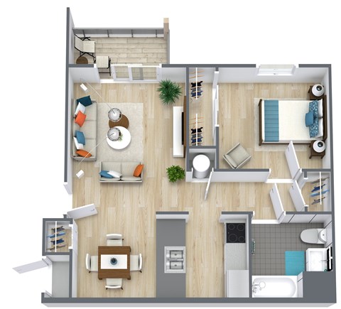 A top-down view of a small apartment with a kitchen, living room, and bathroom.